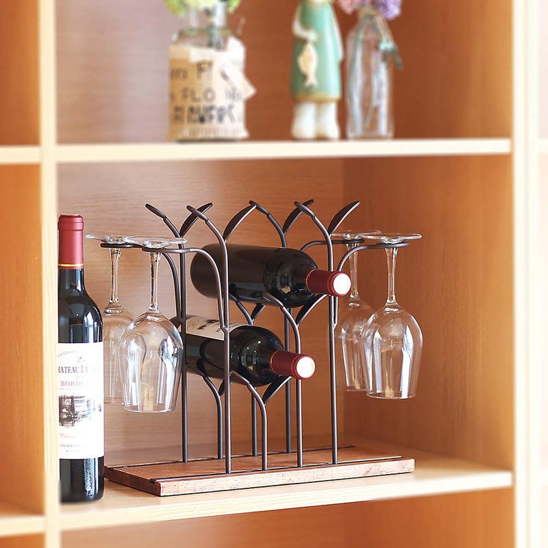 ALLCENER Tabletop Wood Wine Holder, Countertop Wine Rack, Hold 4 Wine Bottles and 4 Glasses, Perfect for Home Decor & Kitchen Storage Rack, Bar, Wine Cellar, Cabinet, Pantry, etc, Wood & Metal (Bronze) - Image 4